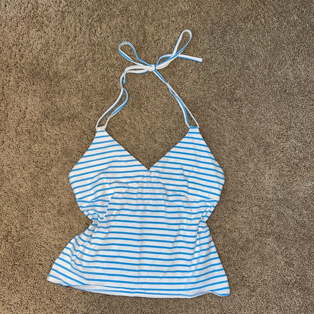Striped Halter Neck Top - Blue and White